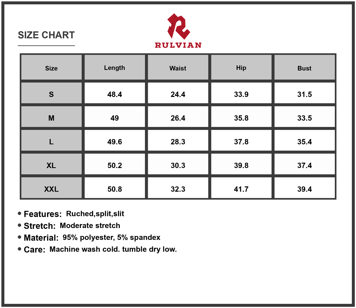 Size Chart - Men's Surplice Long Sleeve Dress with Ruched Split and Slit Stretch Not Lined 95% Polyester 5% Spandex Machine Wash