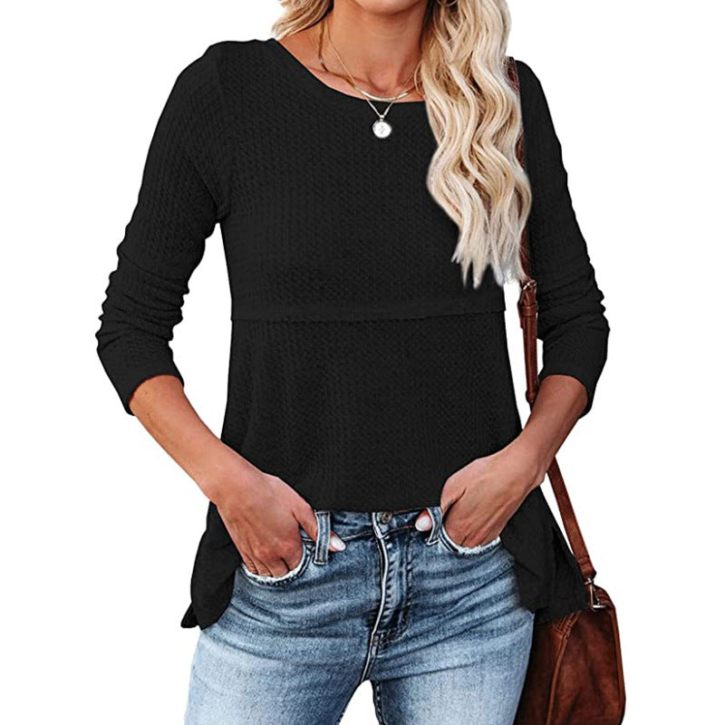Women's Waffle Back Hollow Round Neck Long Sleeve Top Cotton % Breathable Street Style Loose Fit Daily