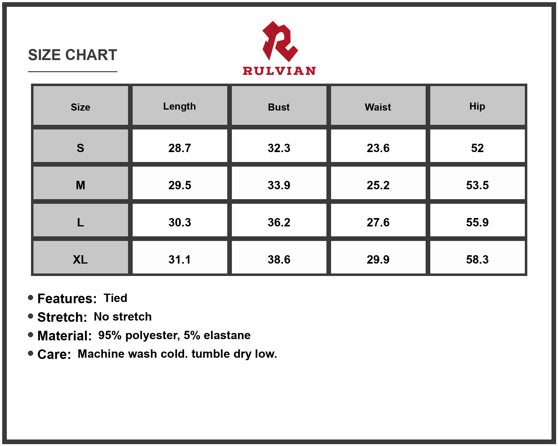 Size Chart - Women's Asymmetrical Ruffle Hem Tie Shoulder Mini Dress with ninety five percent polyester and five percent elastane