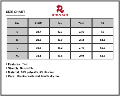 Size Chart - Women's Asymmetrical Ruffle Hem Tie Shoulder Mini Dress with ninety five percent polyester and five percent elastane