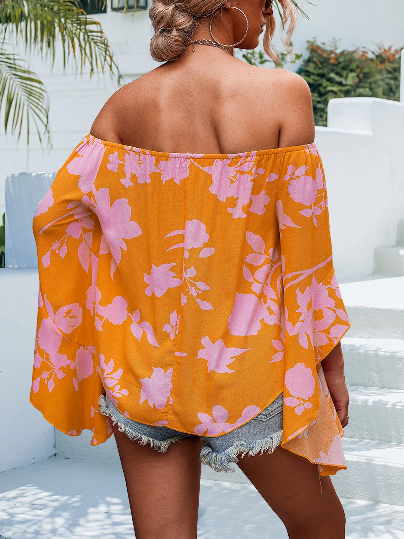 Women's Yellow Orange Printed Flared Sleeve Top 100% Polyester Fiber Loose Fit Casual Blouse Versatile Wear