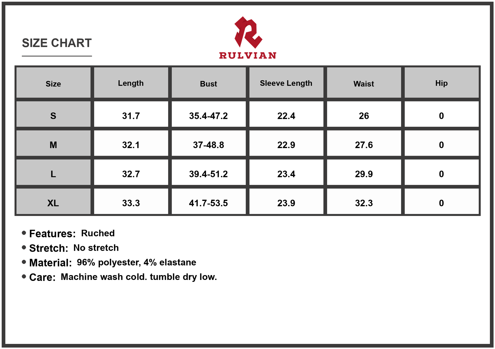 Size Chart - Women's Ruched V Neck Balloon Sleeve Dress with 96% Polyester and 4% Elastane for Soft Sheen and Comfortable Fit