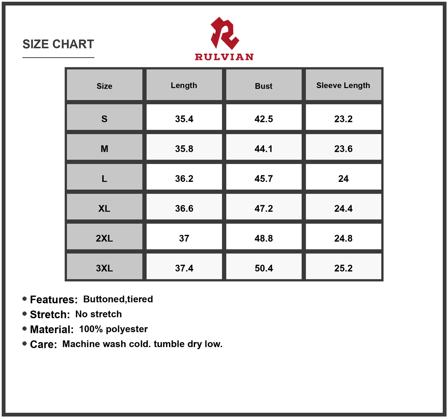 Size Chart - Women's Full Size Striped Button-Down Shirt Dress with Tiered Ruffle Hem 100% Polyester Easy Care Machine Washable