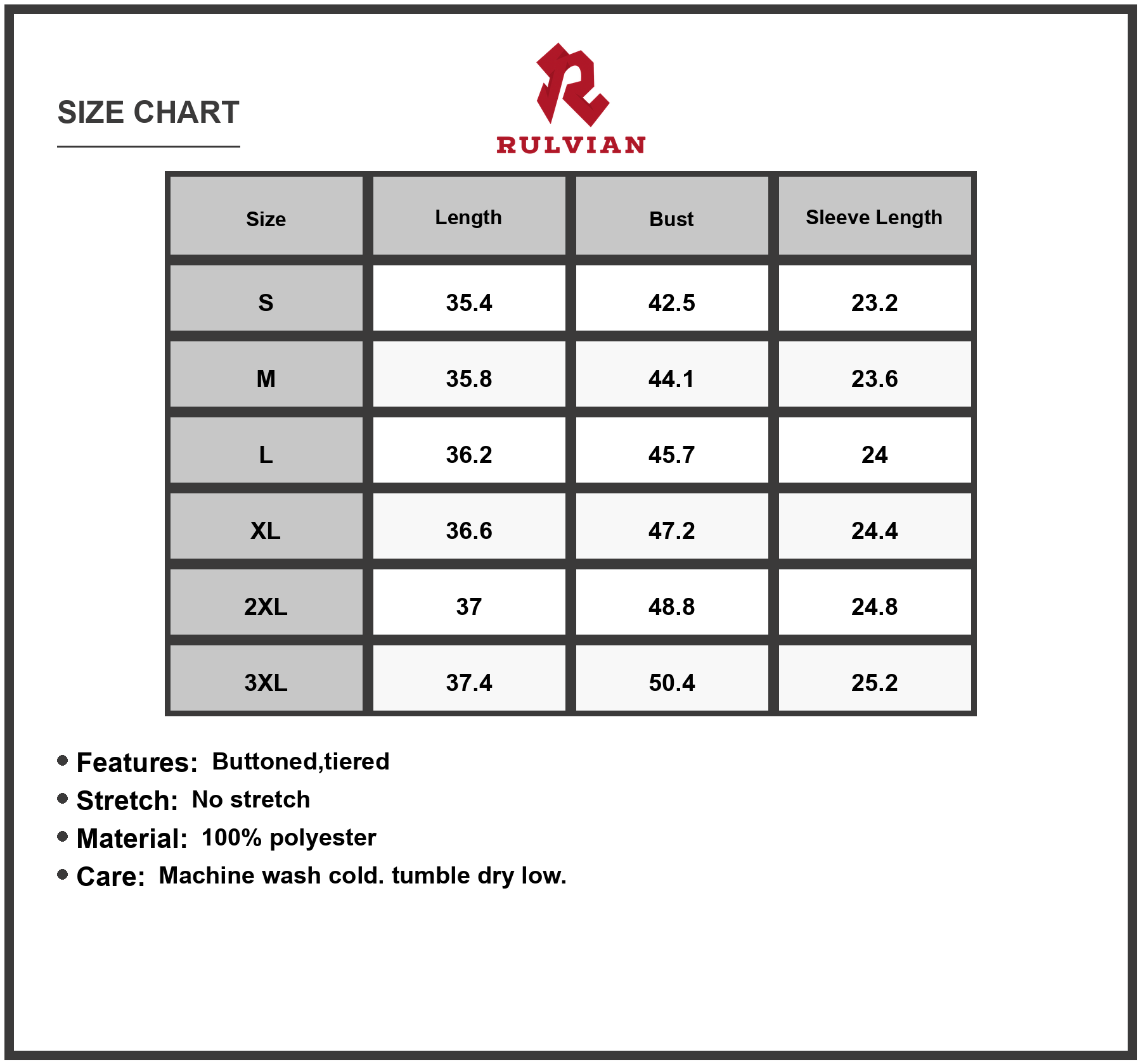 Size Chart - Women's Full Size Striped Button-Down Shirt Dress with Tiered Ruffle Hem 100% Polyester Easy Care Machine Washable