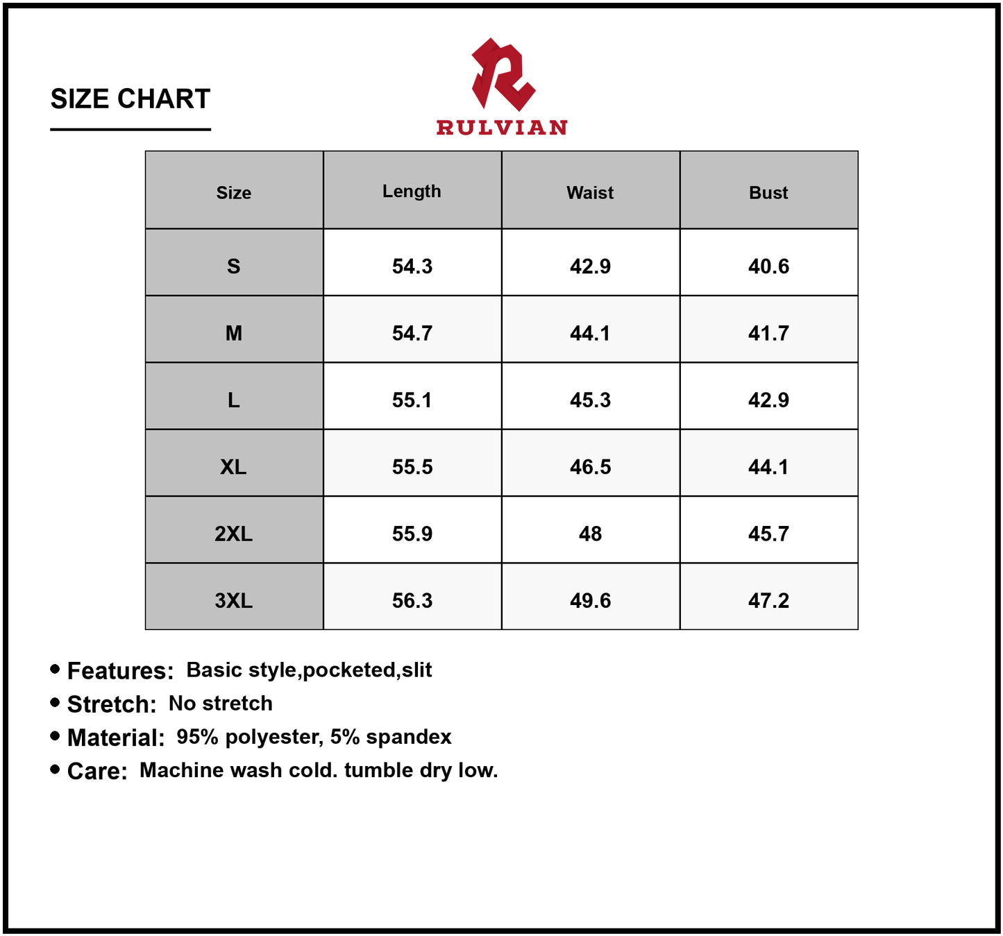 Size Chart - Women's Plus Size Round Neck Sleeveless Slit Maxi Dress with Pockets 95% polyester and 5% spandex Soft Breathable