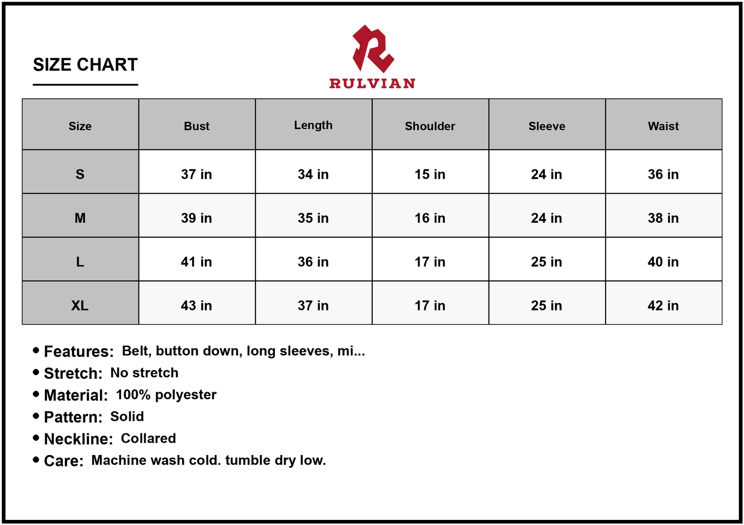 Size Chart - Women's belted mini shirt dress with collar long sleeves solid pattern 100% Polyester fabric for versatile daily wear