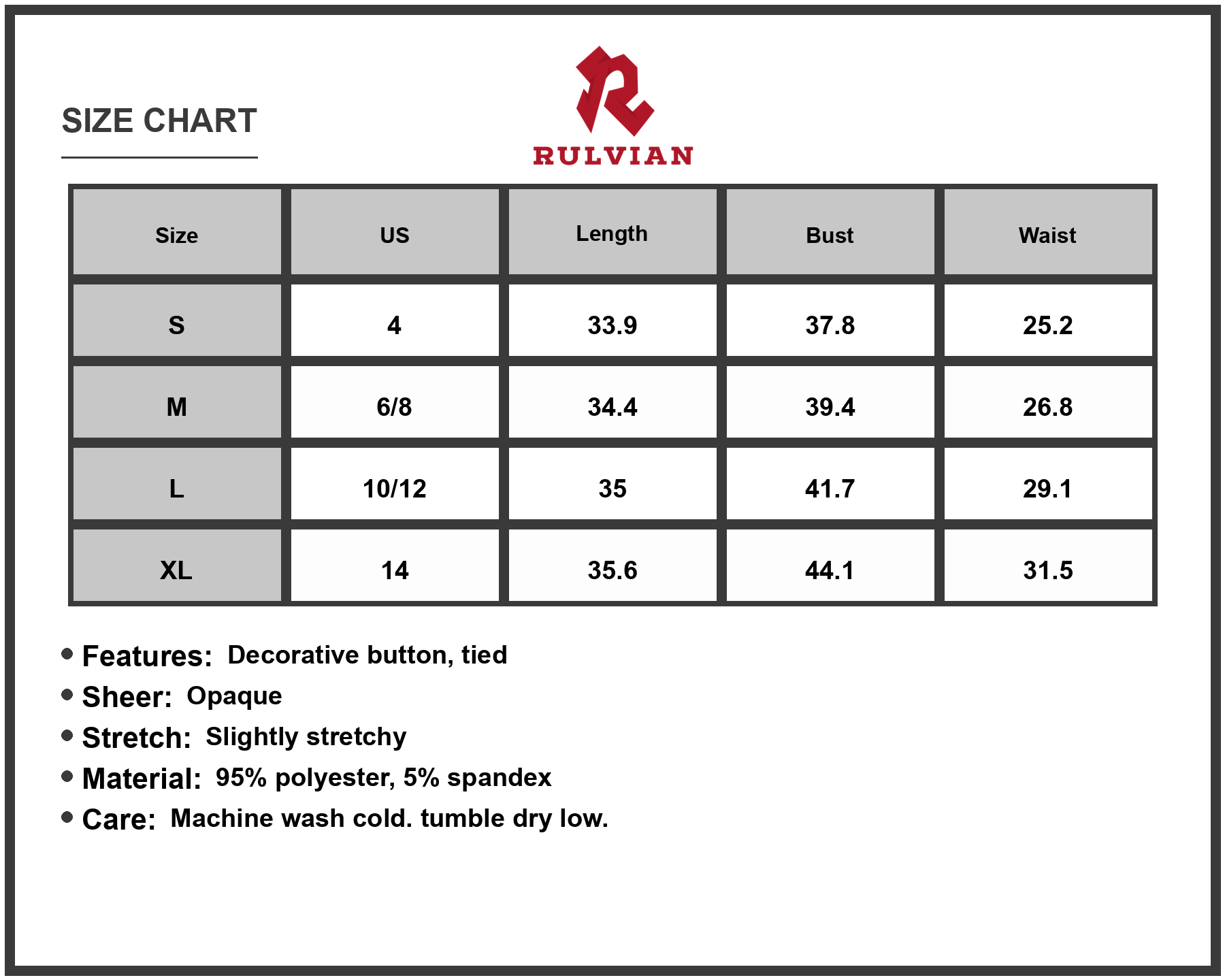 Size Chart - Women's Printed V Neck Short Sleeve Mini Dress with Decorative Button and Tie Tip 95% Polyester 5% Spandex Fabric