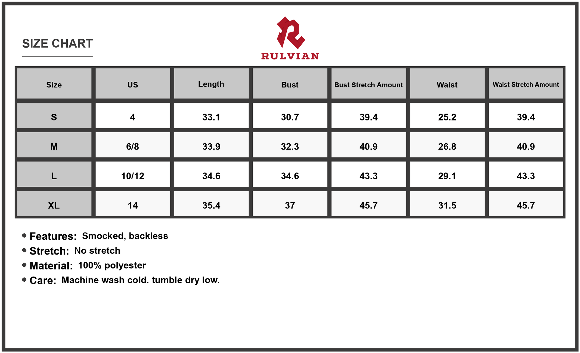 Size Chart - Women's Cutout Cap Sleeve Mini Cami Dress with Smocked Backless Bodice Lined for Summer Days Casual 100% Polyester