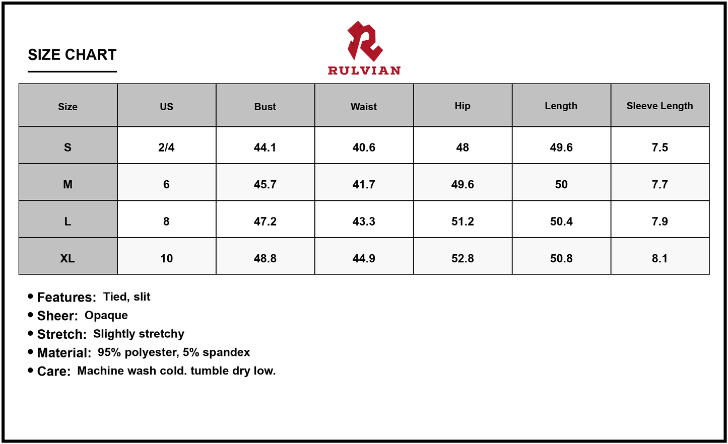 Size Chart - Women's Slit Shoulder Midi Dress With Tie Front Opaque Stretch Ninety Five Percent Polyester and Five Percent Spandex