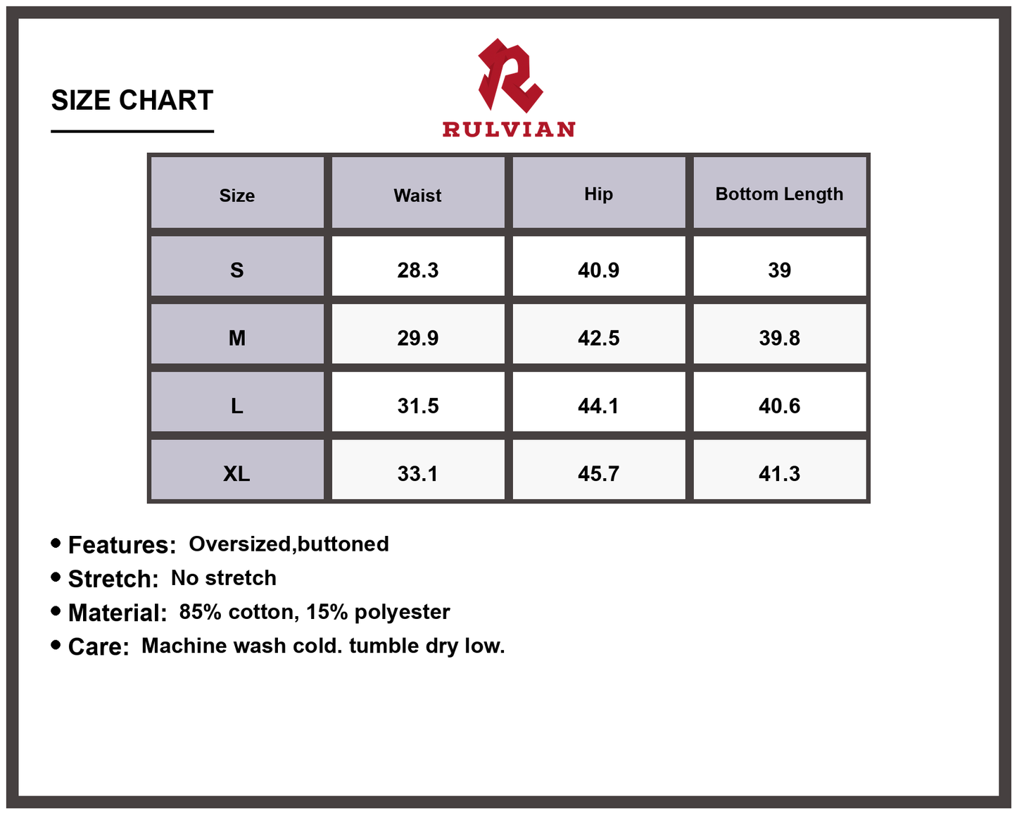 Size Chart - Men's Wide Leg Button Fly Oversized Non Stretch Jeans Durable Premium High Quality Versatile for Casual Everyday Streetwear