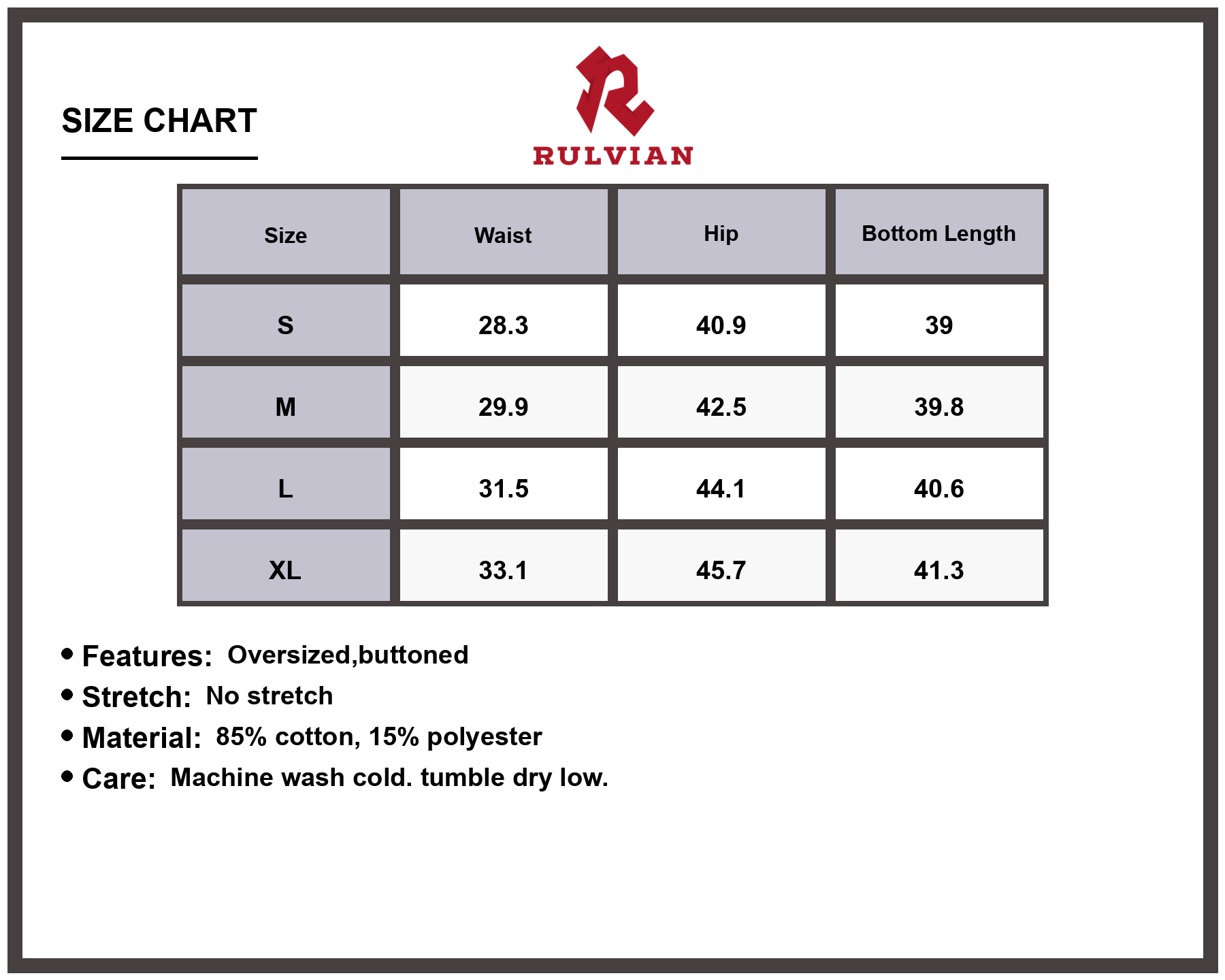 Size Chart - Men's Wide Leg Button Fly Oversized Non Stretch Jeans Durable Premium High Quality Versatile for Casual Everyday Streetwear