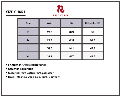 Size Chart - Men's Wide Leg Button Fly Oversized Non Stretch Jeans Durable Premium High Quality Versatile for Casual Everyday Streetwear