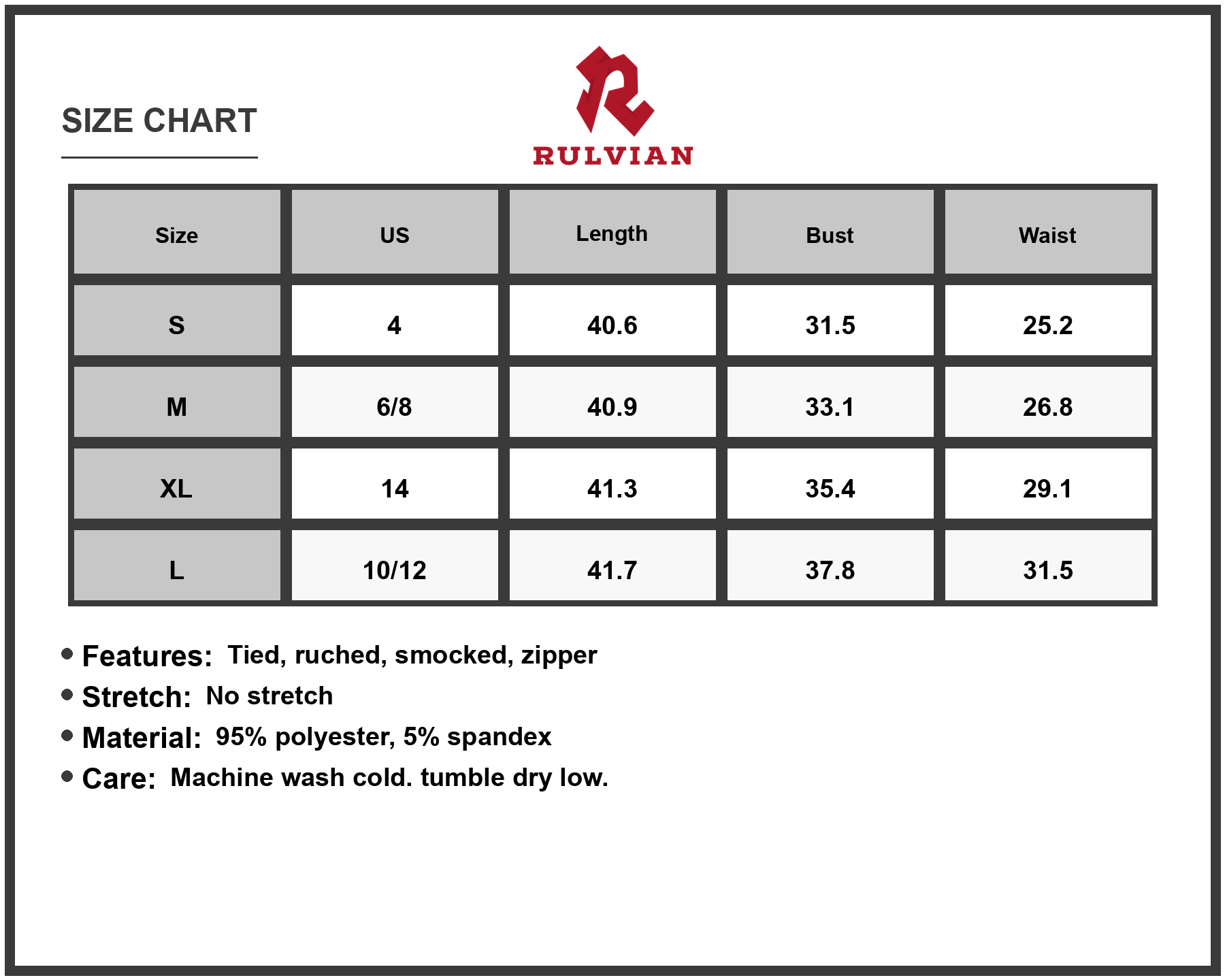 Size Chart - Women's Ruched Smocked Back Cami Dress with Tie Straps and Zipper Closure 95% Polyester 5% Spandex Lined Lightweight