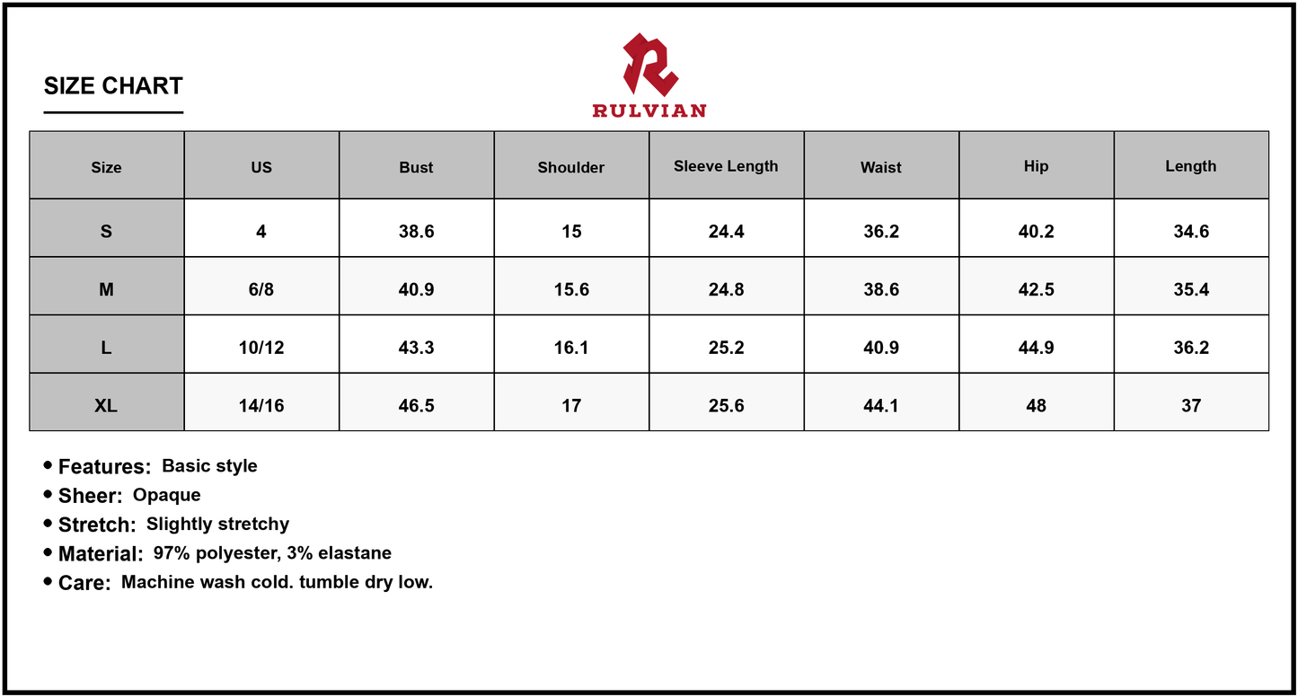 Size Chart - Women's Textured Round Neck Long Sleeve Mini Dress with Subtle Stretch Day to Night Wear 97% Polyester 3% Elastane Care