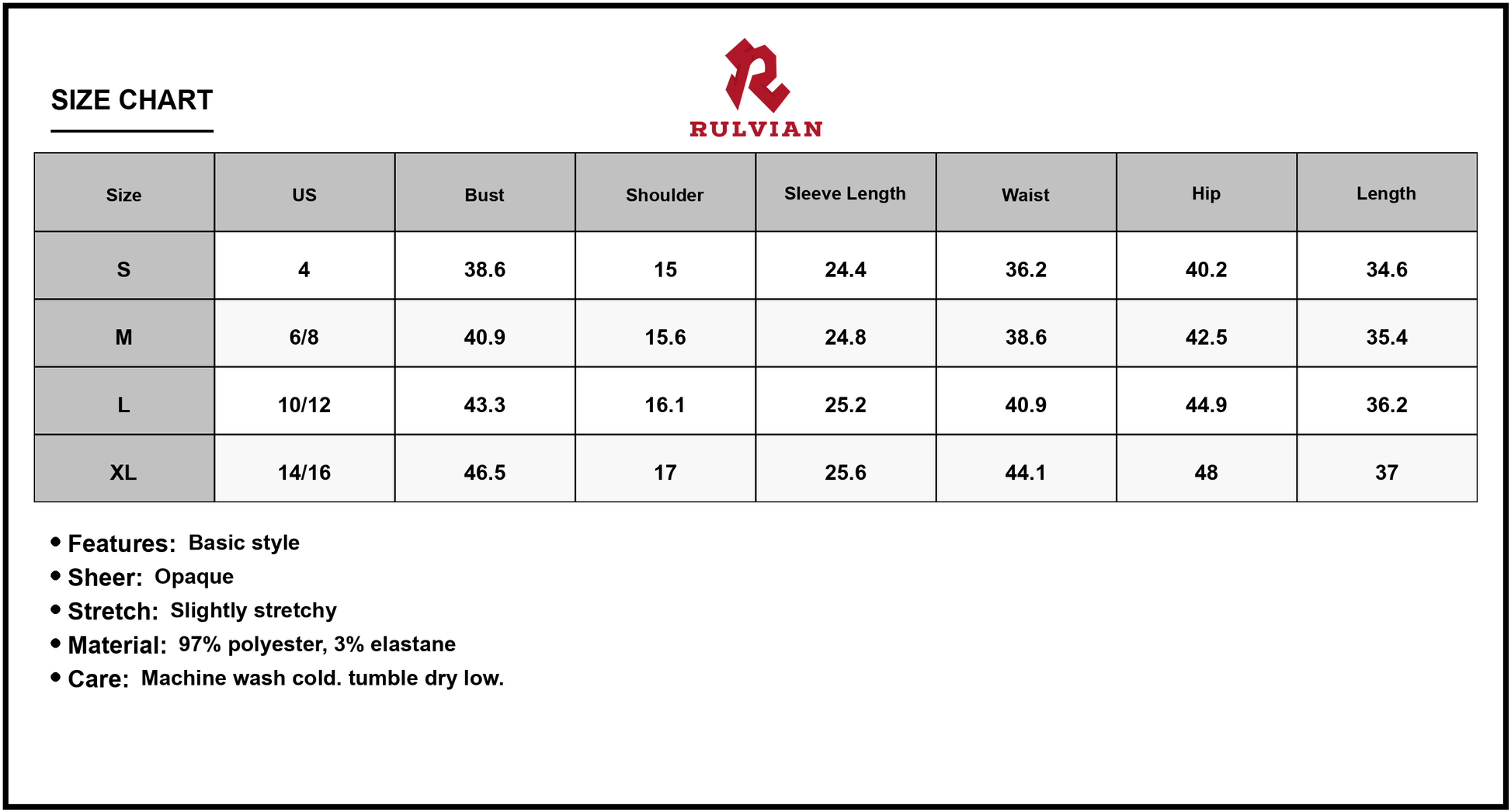 Size Chart - Women's Textured Round Neck Long Sleeve Mini Dress with Subtle Stretch Day to Night Wear 97% Polyester 3% Elastane Care