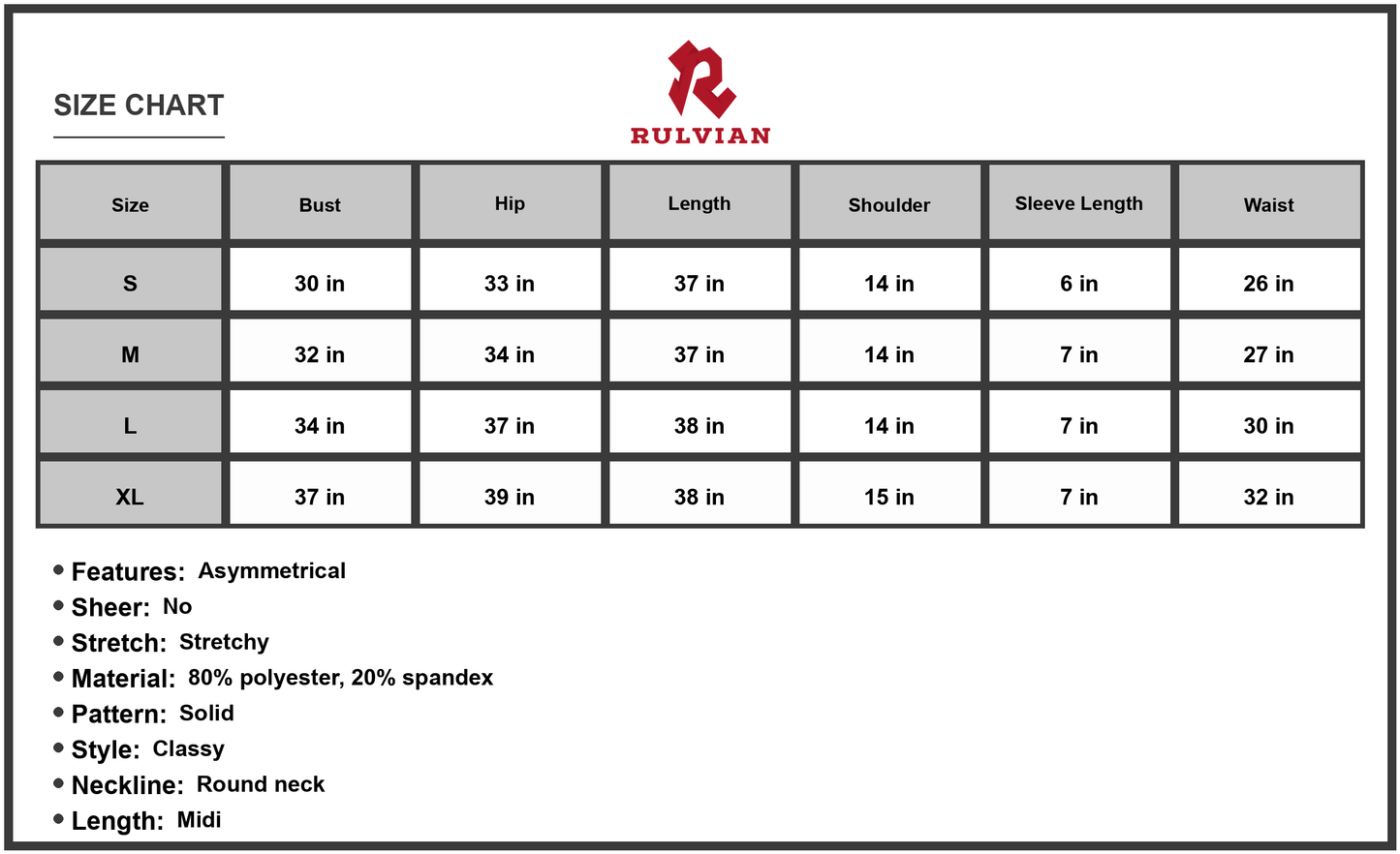 Size Chart - Women's Twisted Asymmetrical Short Sleeve Dress Round Neck Midi Length Classy Style 80% Polyester 20% Spandex Edition