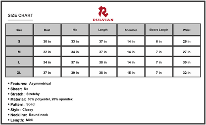 Size Chart - Women's Twisted Asymmetrical Short Sleeve Dress Round Neck Midi Length Classy Style 80% Polyester 20% Spandex Edition