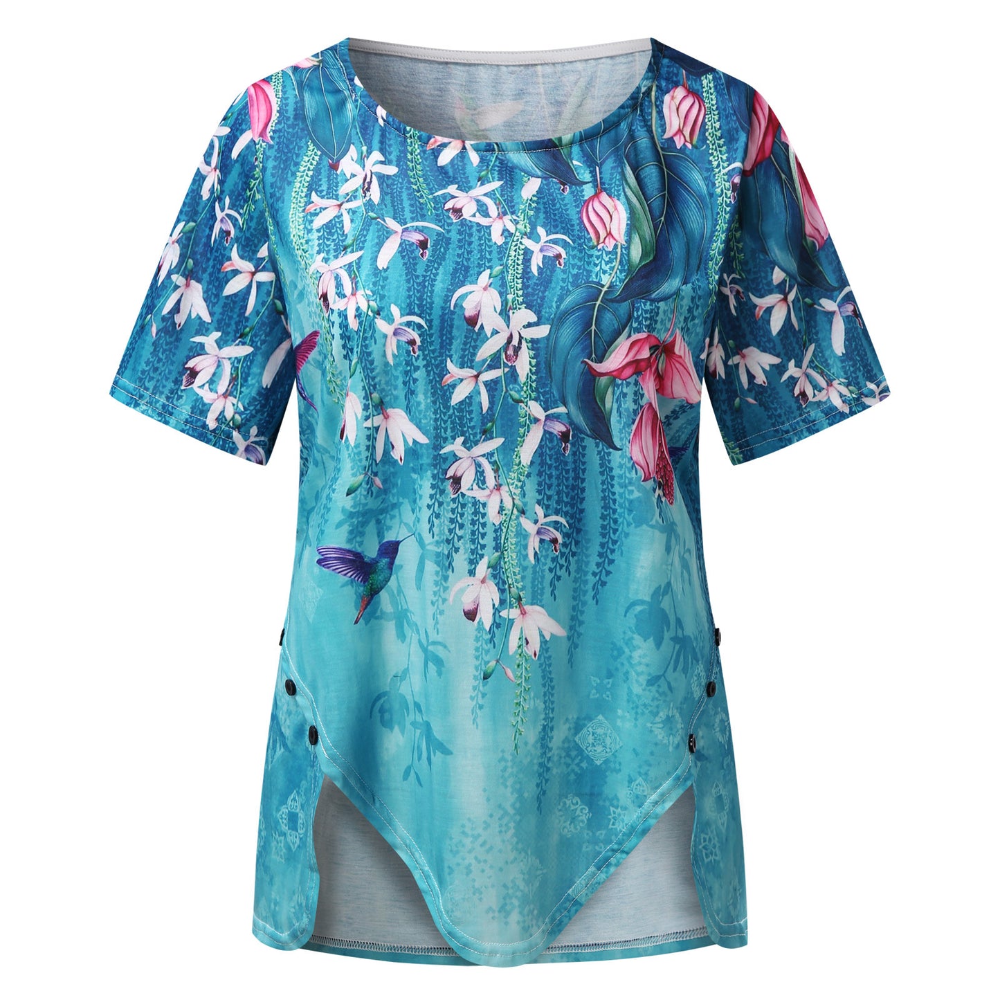 Men's Round Neck Irregular Hem Short Sleeves Shirt in Seventy One to Eighty Percent Polyester and Cotton