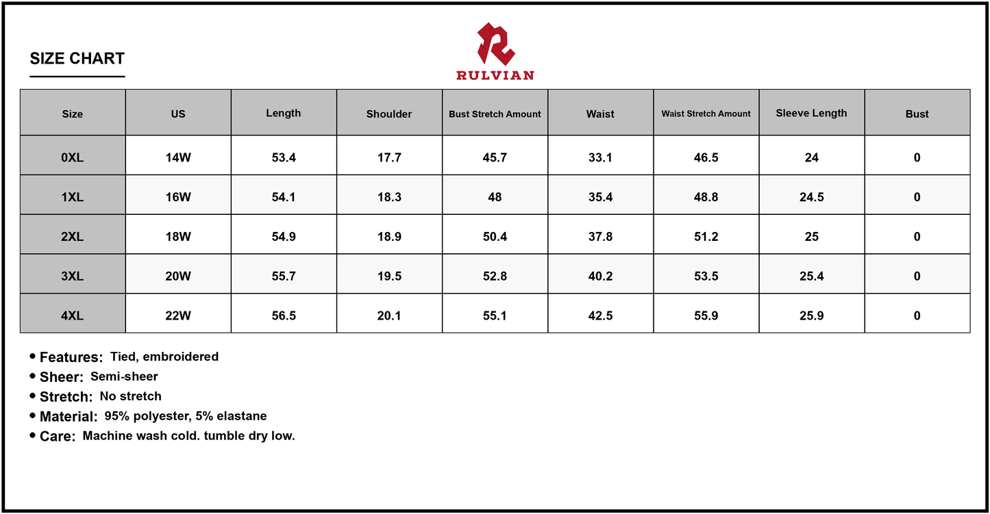 Size Chart - Women's Plus Size Embroidered Tie Neck Long Sleeve Dress with Sheer Overlay Lined Bodice 95% Polyester 5% Elastane