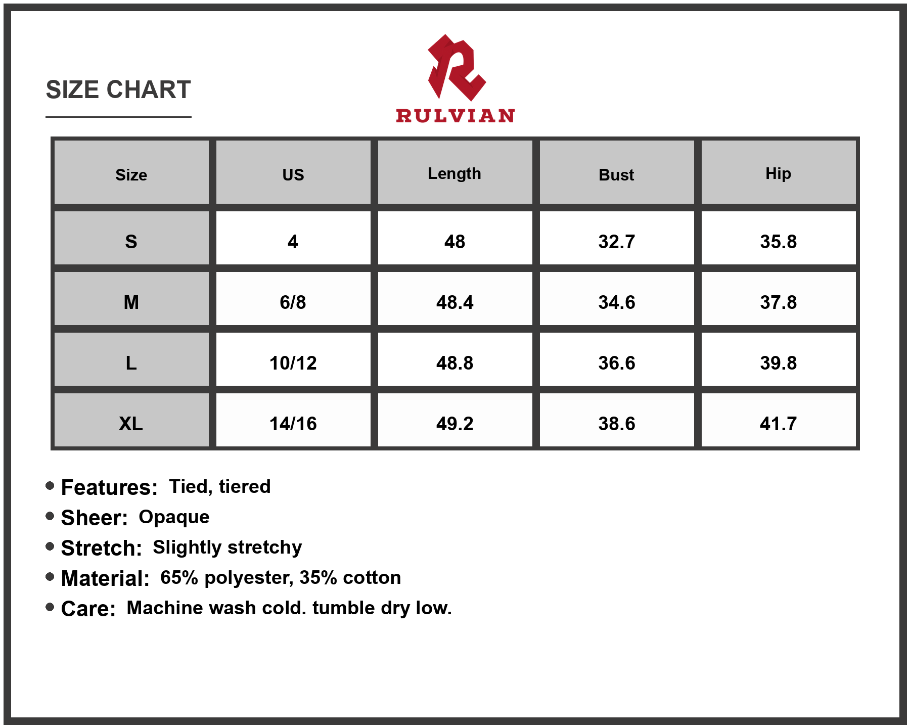 Size Chart - Women's Front Tie Short Sleeve Tiered Midi Dress Soft Flowy Skirt with Layered Silhouette 65% polyester 35% cotton