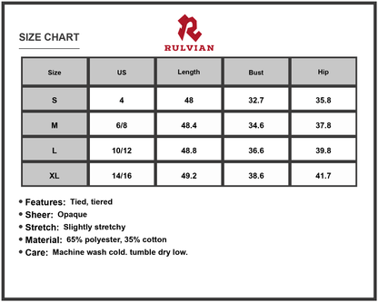 Size Chart - Women's Front Tie Short Sleeve Tiered Midi Dress Soft Flowy Skirt with Layered Silhouette 65% polyester 35% cotton