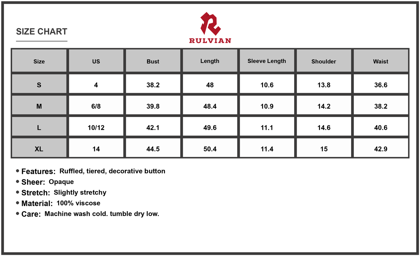 Size Chart - Women's Notched Short Sleeve Tiered Midi Dress with Ruffles and Decorative Buttons Opaque Stretch Viscose 100% Fabric
