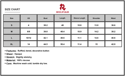 Size Chart - Women's Notched Short Sleeve Tiered Midi Dress with Ruffles and Decorative Buttons Opaque Stretch Viscose 100% Fabric