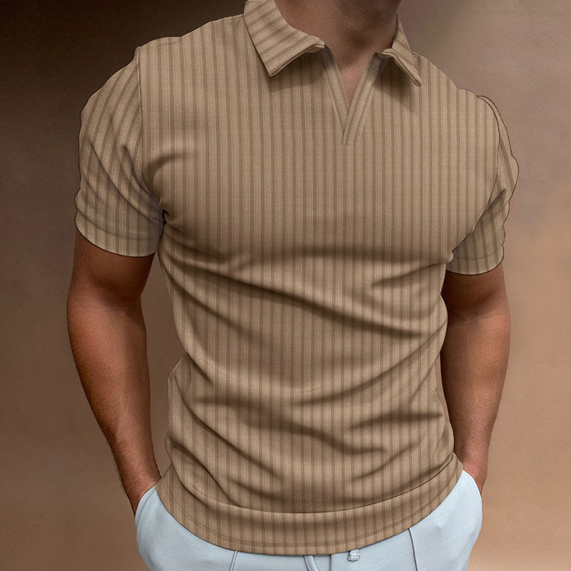 Men's Polo Shirt Lapel V Line Striped Short Sleeve 60% cotton blend 40% polyester Colors khaki black white