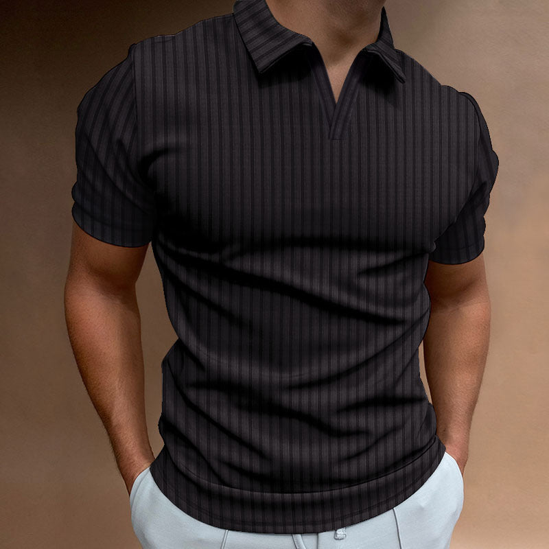 Men's Polo Shirt Lapel V Line Striped Short Sleeve 60% cotton blend 40% polyester Colors khaki black white