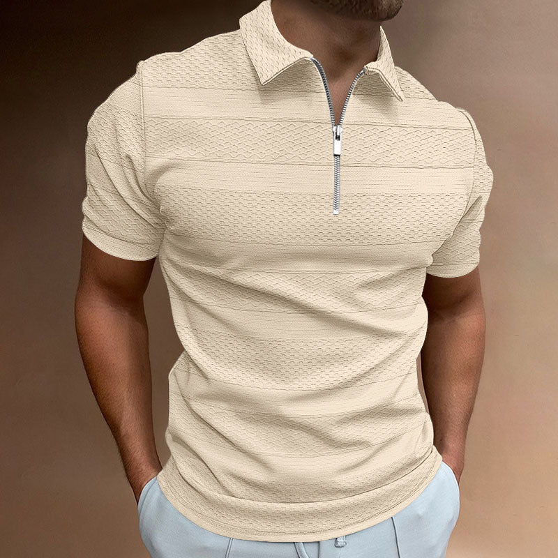 Men's Summer Short Sleeve Lapel Shirt Solid Color Casual Jacquard Top 50% Spandex Chemical Fiber Blend