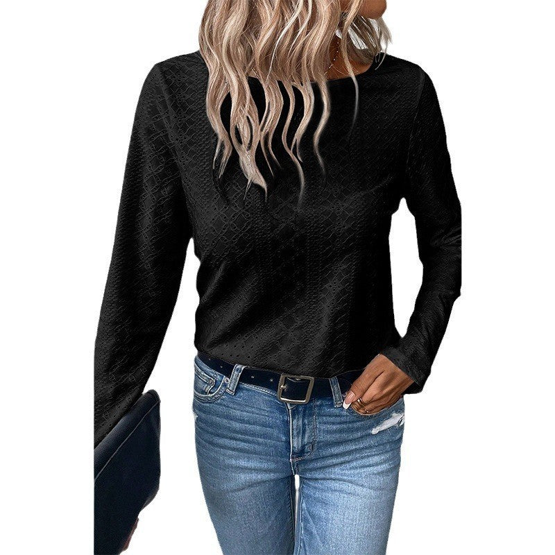 Womens Autumn Backless Round Neck Long Sleeve Top 100% Polyester Casual Lace Hollow Chic Everyday Wear
