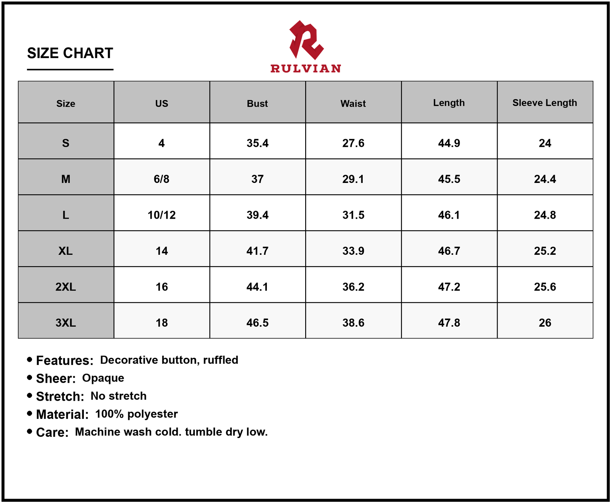 Size Chart - Women's Surplice Midi Dress with Long Sleeve Ruffled Sheer Details Decorative Button 100% Polyester for Everyday Wear