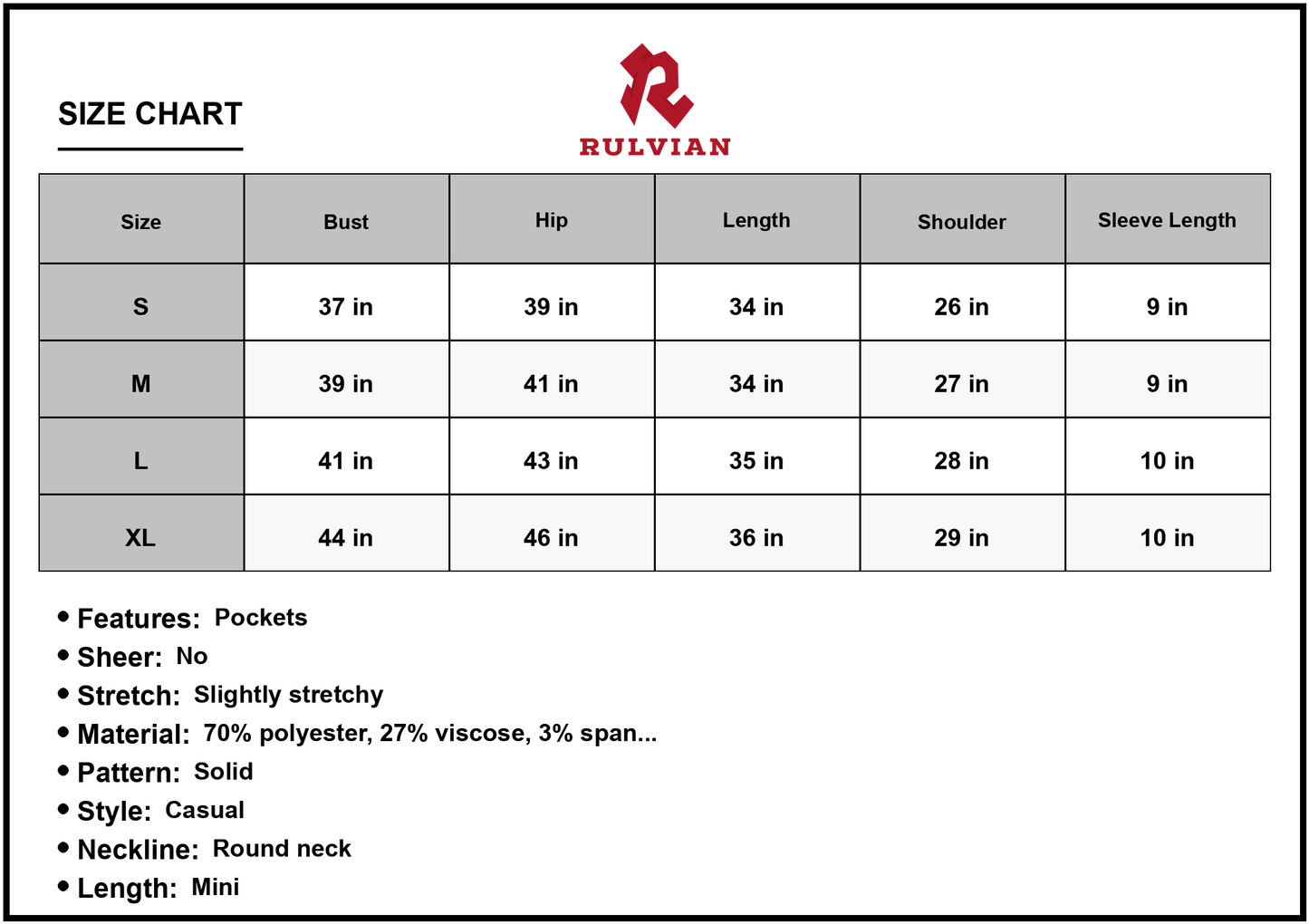 Size Chart - Women's Ribbed Round Neck Short Sleeve Dress with polyester viscose spandex blend for casual wear everyday versatile