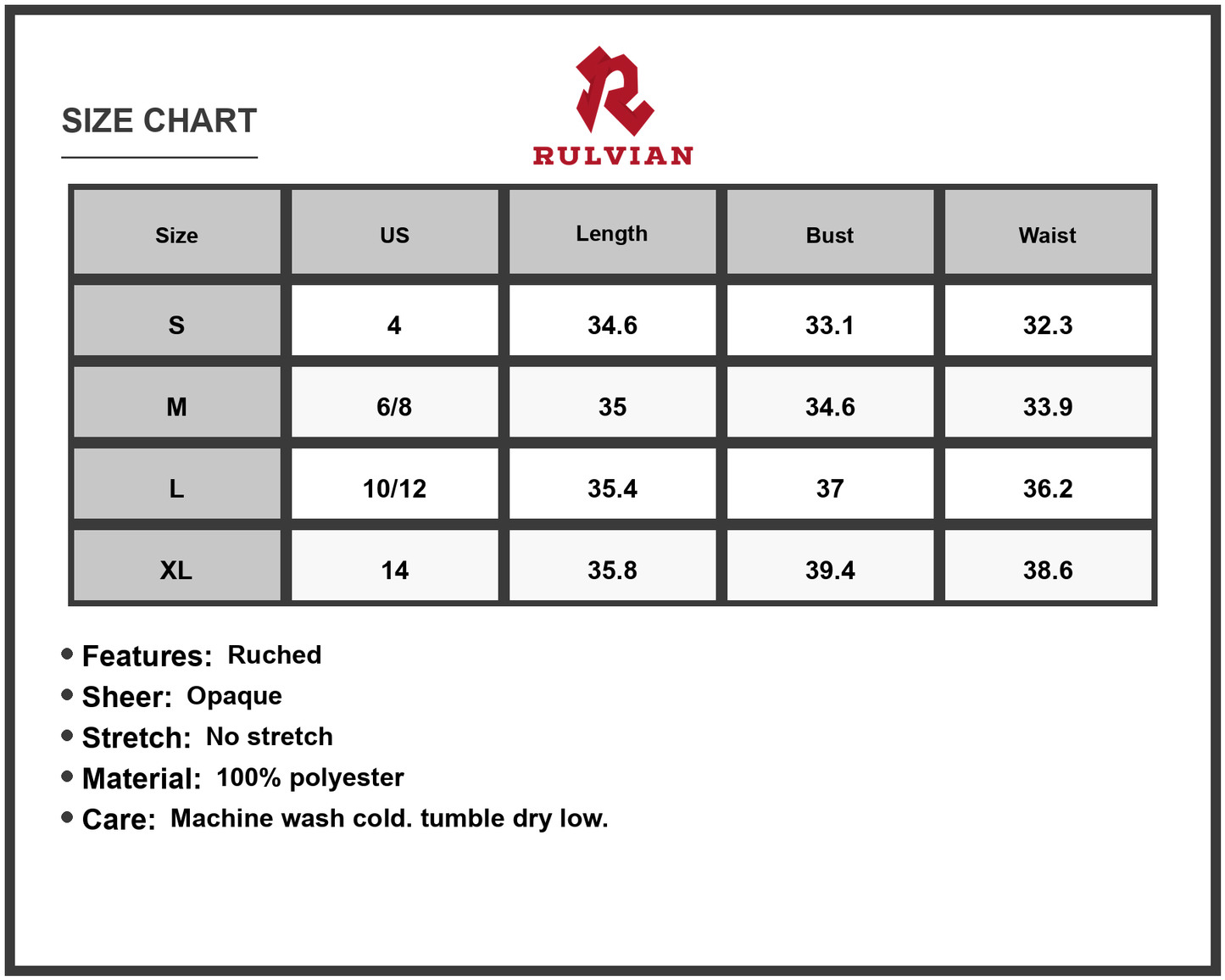 Size Chart - Women's Contrast Trim Square Neck Tiered Dress with one hundred percent polyester fabric for day to night wear