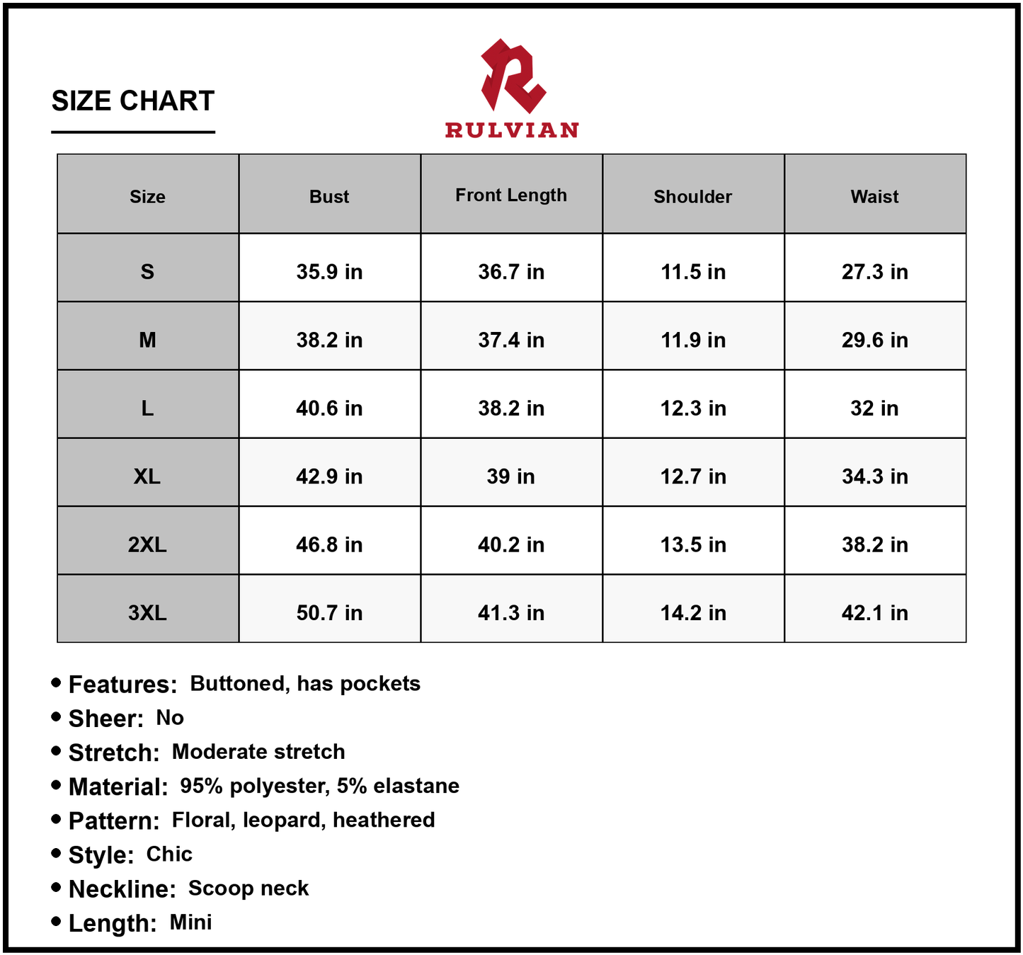 Size Chart - Women's Floral Leopard Print Sleeveless Buttoned Scoop Neck Mini Elegant Dress with Pockets 95% Polyester 5% Elastane