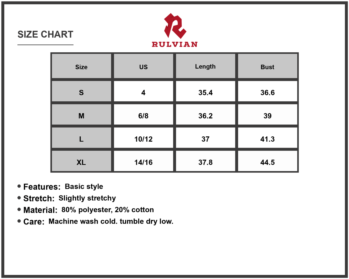 Size Chart - Women's Color Contrast Trim V Neck Shift Sleeveless Mini Dress 80% Polyester 20% Cotton Lightweight Easy Care Everyday