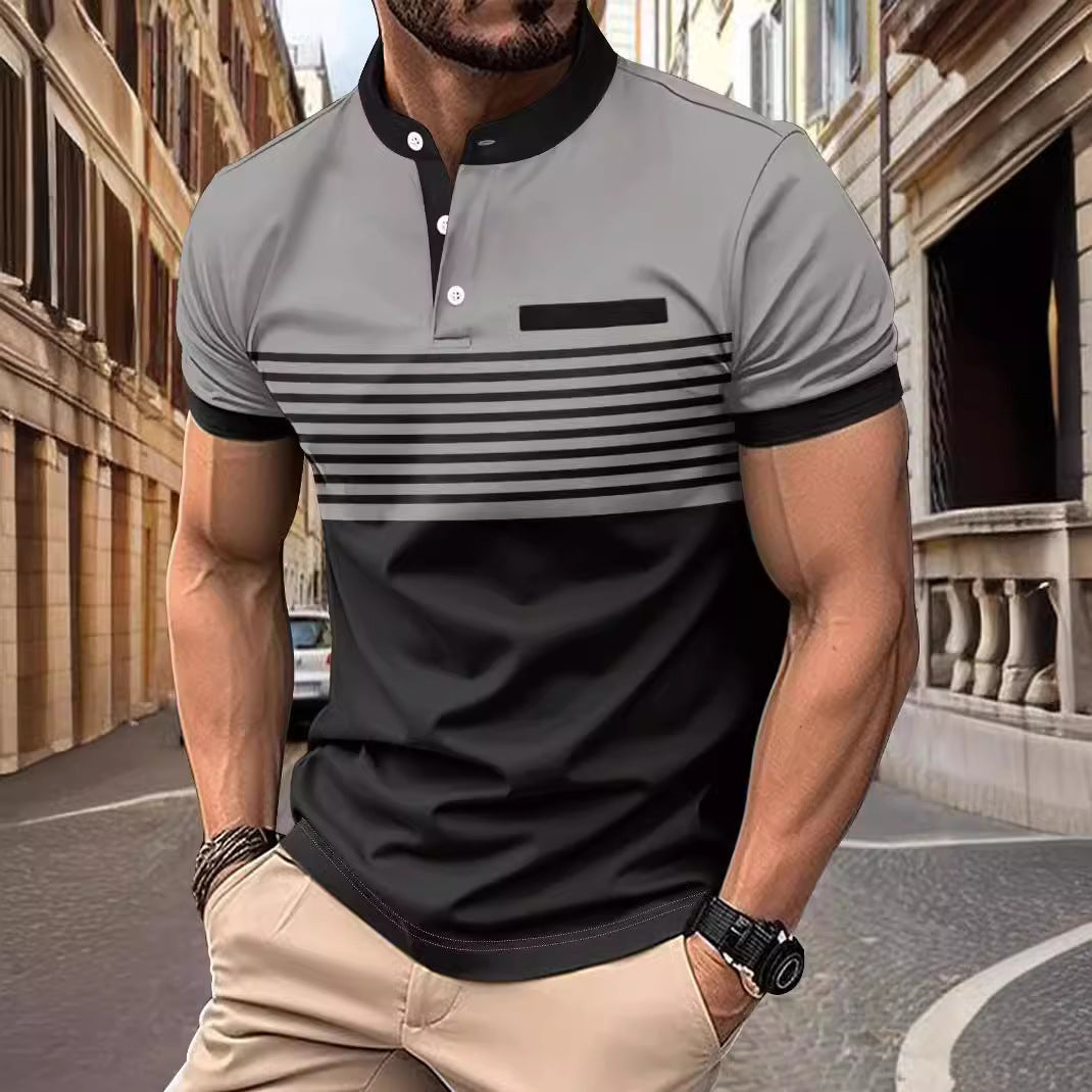 Men's Striped Stand Collar Top in White Caramel Green Khaki Orange Pink Gray Red 100% Polyester Daily Wear