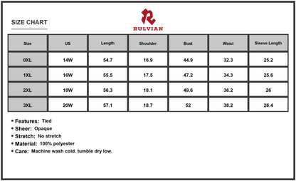 Size Chart - Women's Plus Size Printed Tie Neck Long Sleeve Midi Dress 100% Polyester Machine Washable Elegant Everyday Dress