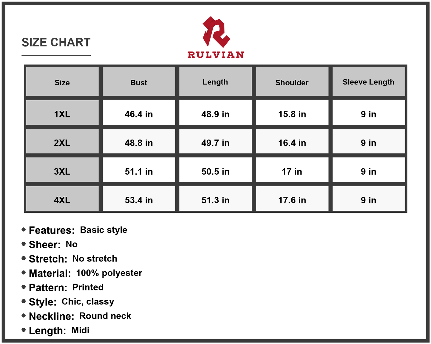 Size Chart - Women's Floral Round Neck Midi Dress with Flutter Short Sleeves Plus Size 100% Polyester Fabric Elegant Chic Everyday