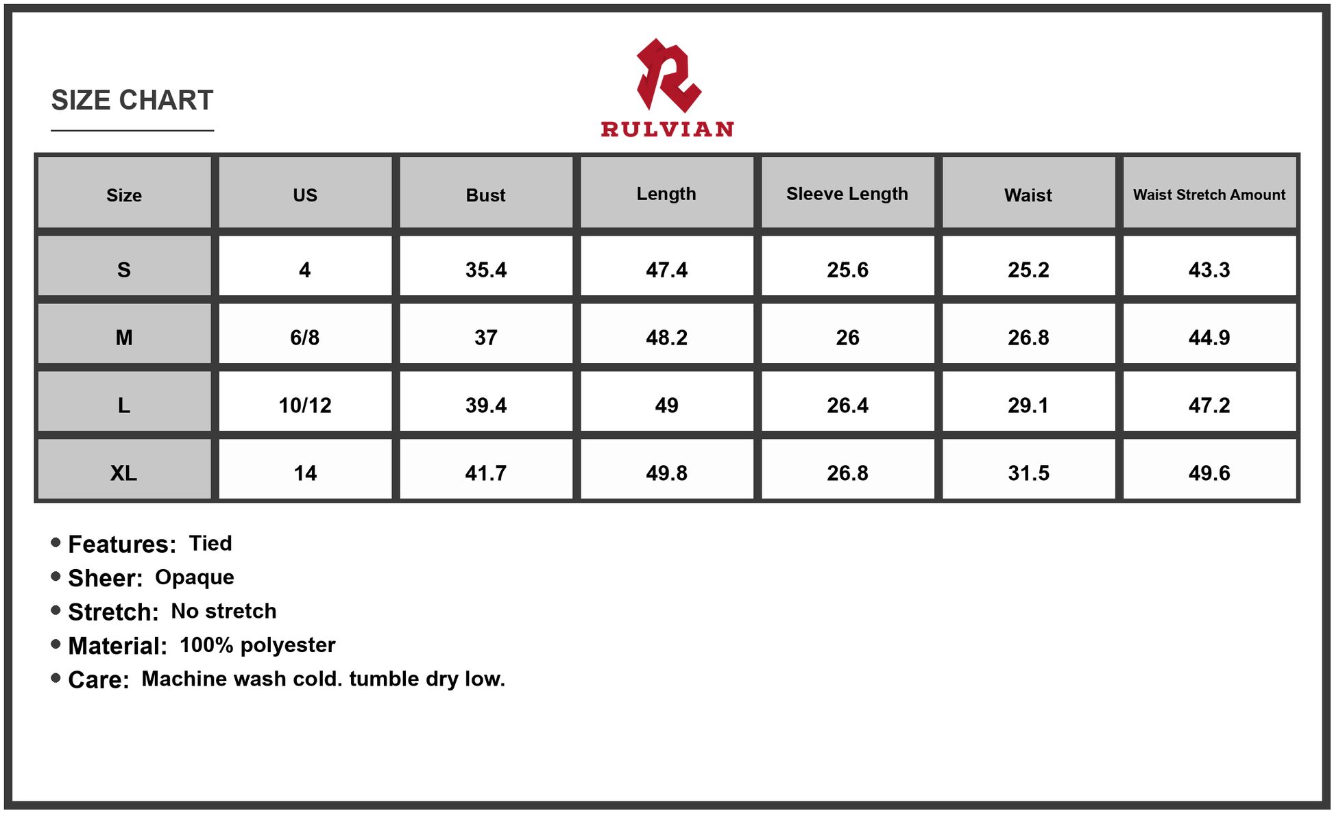 Size Chart - Women's Printed Surplice Long Sleeve Midi Dress with Tie Front and Draped Silhouette in 100% Polyester Fabric