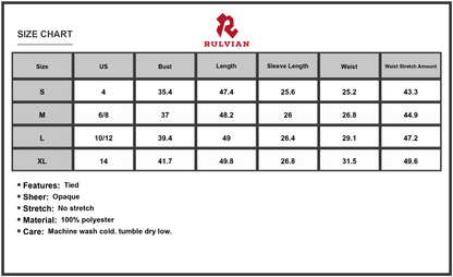Size Chart - Women's Printed Surplice Long Sleeve Midi Dress with Tie Front and Draped Silhouette in 100% Polyester Fabric