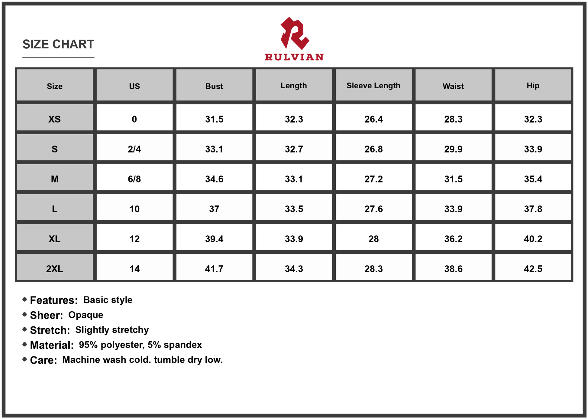 Size Chart - Women's Mock Neck Long Sleeve Mini Dress 95% polyester 5% spandex Opaque Stretchy Lightweight Everyday Wear for versatile styling