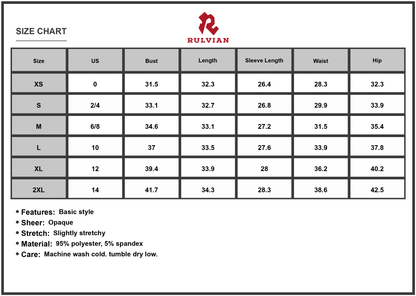 Size Chart - Women's Mock Neck Long Sleeve Mini Dress 95% polyester 5% spandex Opaque Stretchy Lightweight Everyday Wear for versatile styling
