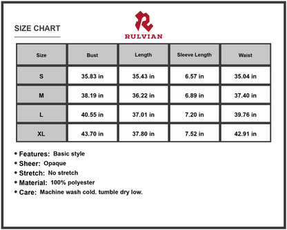 Size Chart - Women's Printed Ruffle Hem Short Sleeve Mini Dress with Classic Fit and 100% Polyester Fabric for Elegant Everyday Wear