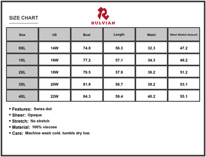 Size Chart - Women's Plus Size Swiss Dot V Neck Midi Dress 100% viscose Not Lined No Stretch Lightweight Sheer Elegant Everyday Wear