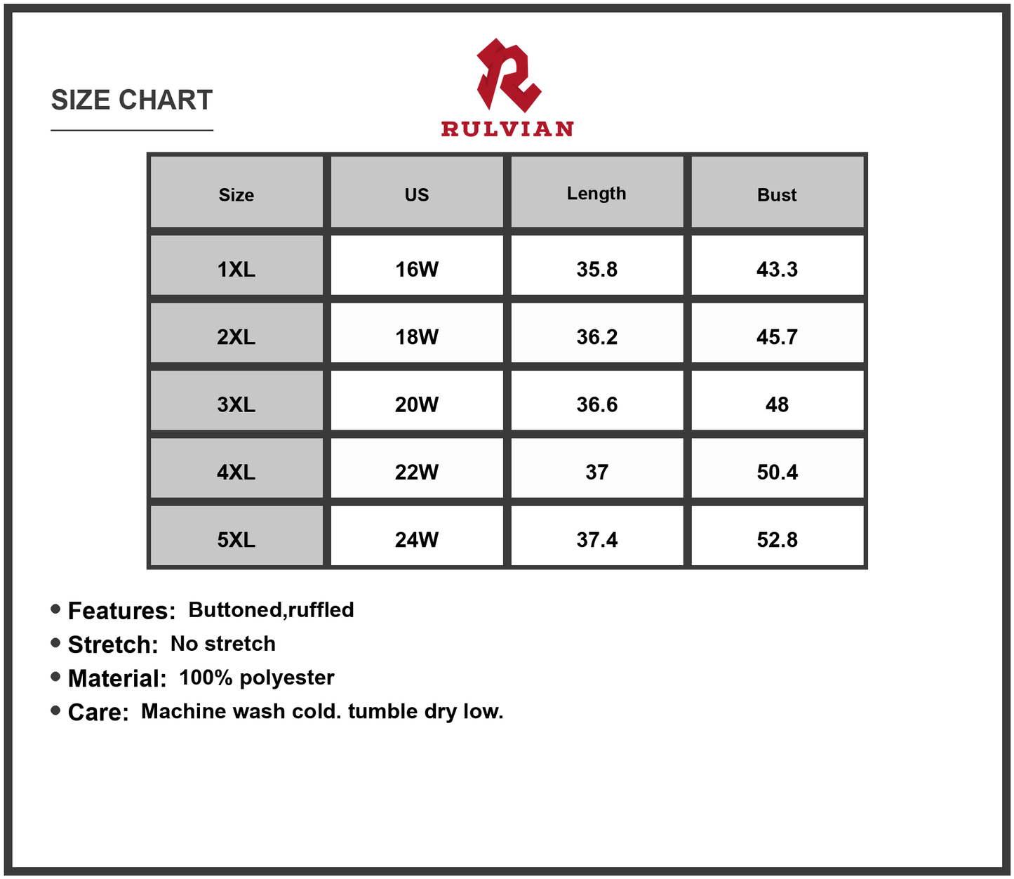 Size Chart - Womens Plus Size Sleeveless Button Front V Neck Casual Mini Dress for Everyday Wear 1XL 2XL 3XL 4XL 5XL 100% Polyester