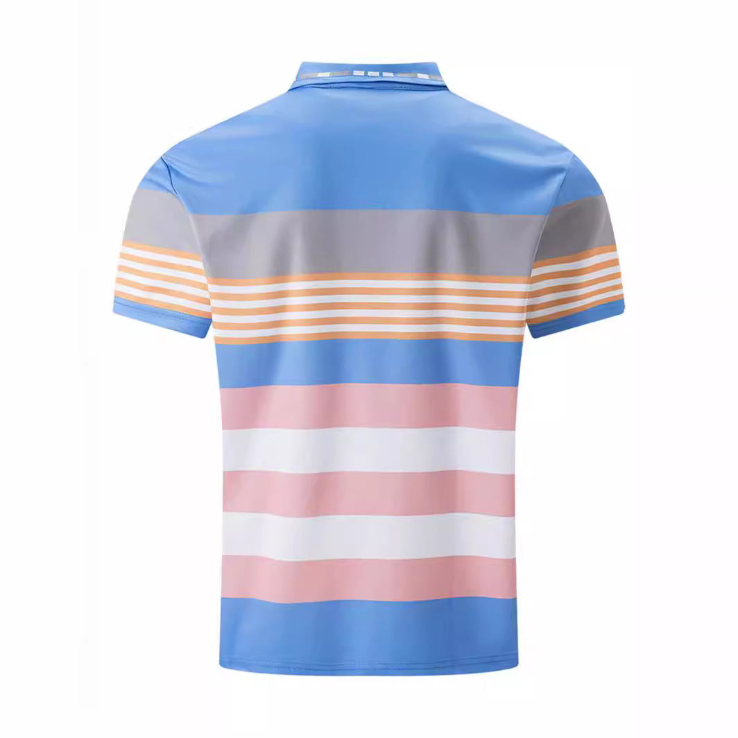 Men's Color Block Digital Printing Button Short Sleeve Top Made With Sky Blue Polyester Fabric for Everyday Wear