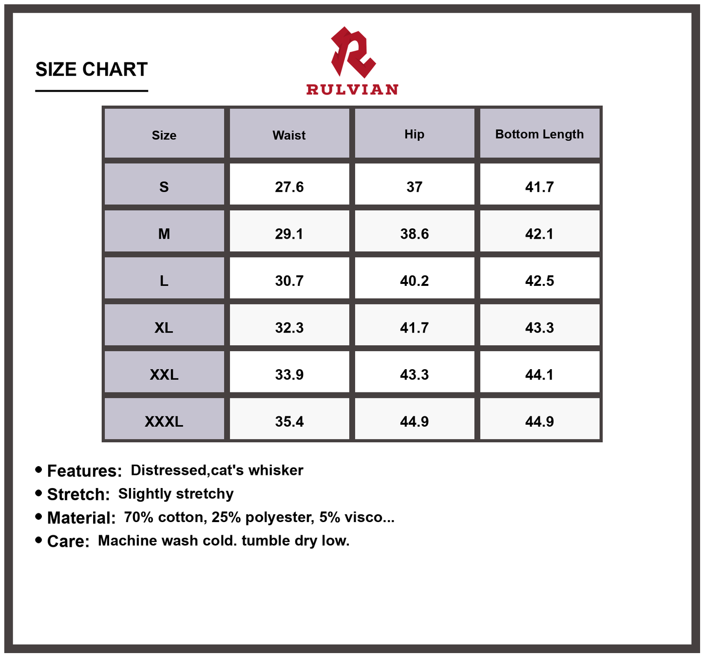 Size Chart - Men's Distressed Loose Fit Jeans Plus Size Slightly Stretchy Cat's Whisker Premium High Quality Durable Versatile Casual Denim