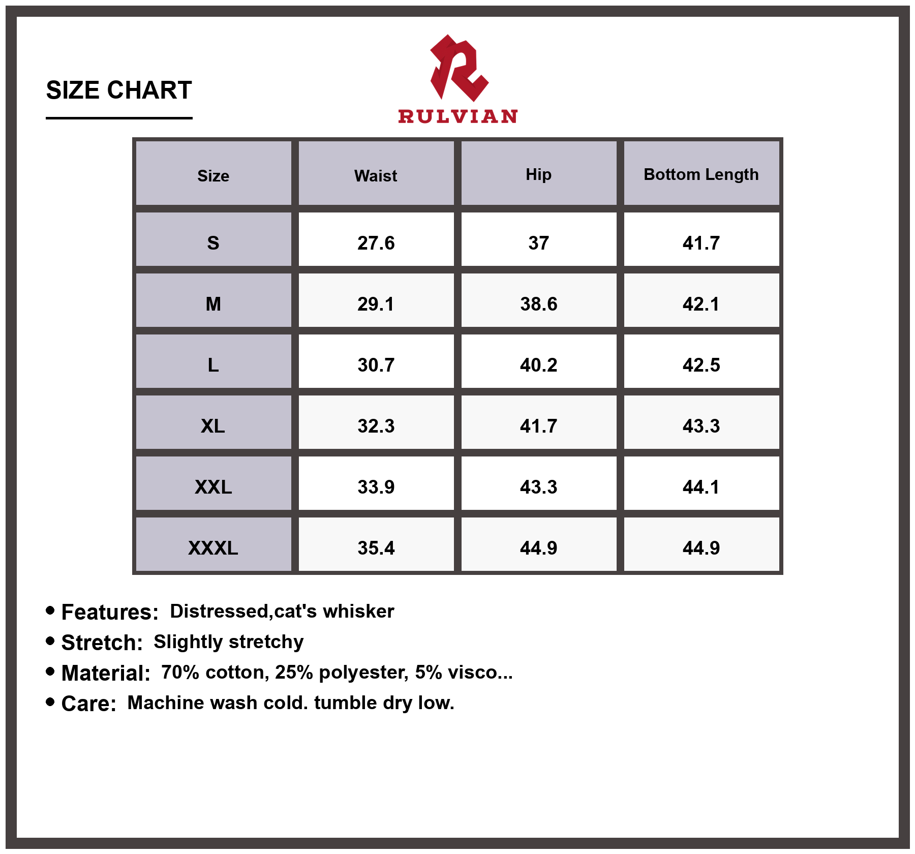 Size Chart - Men's Distressed Loose Fit Jeans Plus Size Slightly Stretchy Cat's Whisker Premium High Quality Durable Versatile Casual Denim