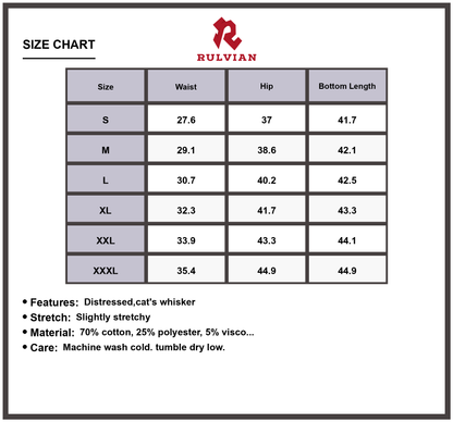 Size Chart - Men's Distressed Loose Fit Jeans Plus Size Slightly Stretchy Cat's Whisker Premium High Quality Durable Versatile Casual Denim